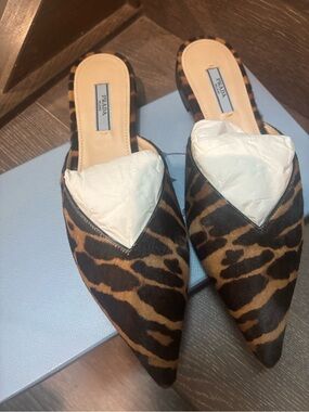Prada Leopard-Print Pointed Haircalf Mule - Brown/Black